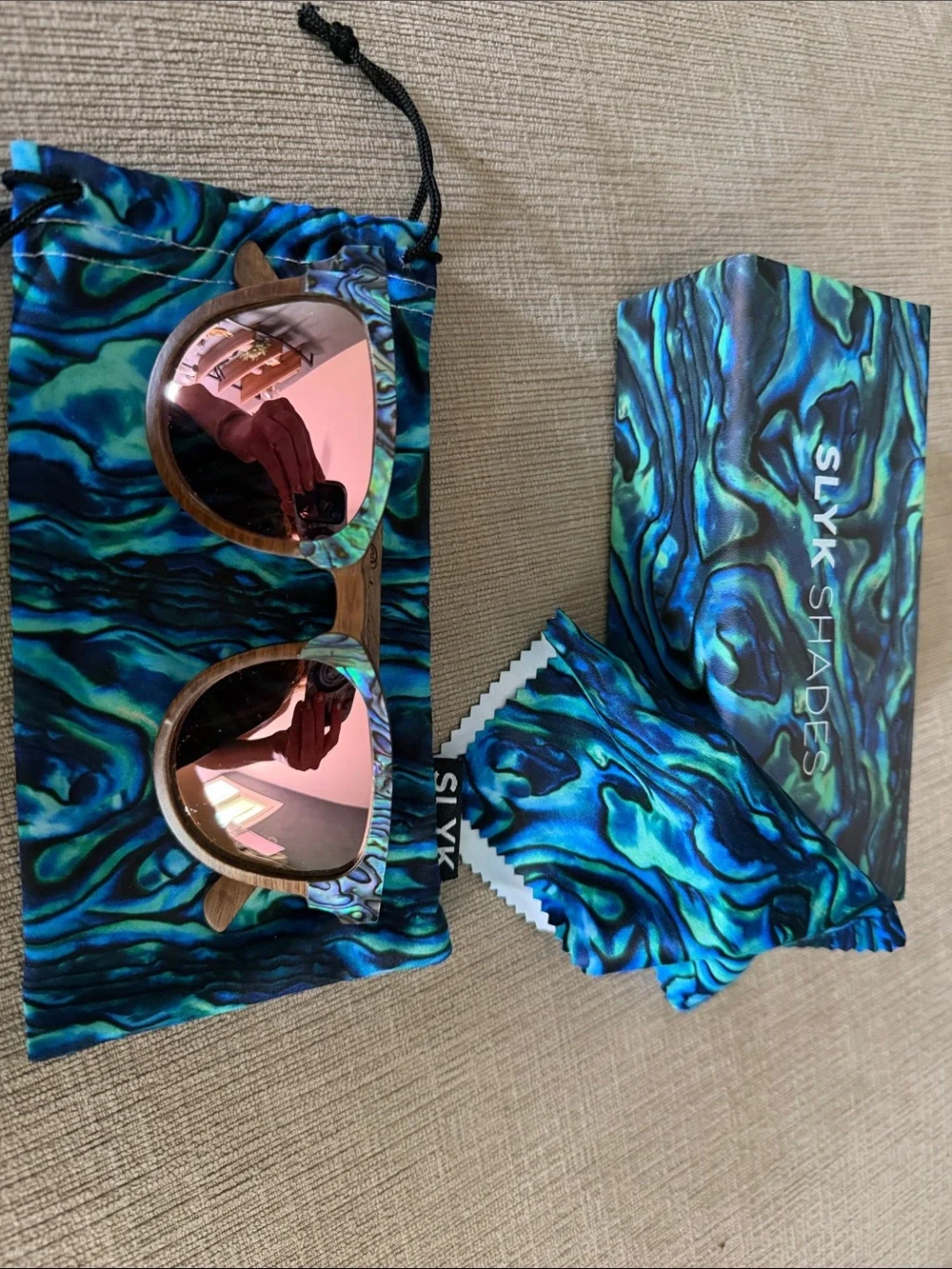 Slyk Shades Women's Abalone seashell and wood sunglasses with Rose Lense
